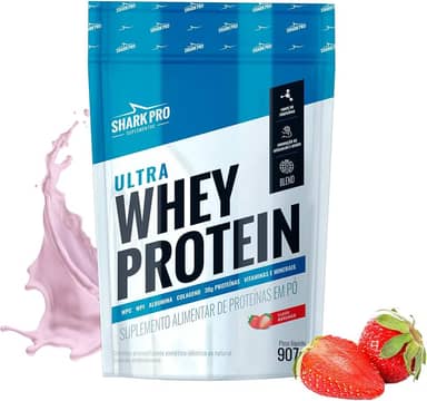Shark Pro Ultra Whey Protein Sabor Morango - 30g de Proteínas - Suplemento Alimentar de Proteínas em Pó - WPC e WPI - Fórmula com Colágeno e Albumina - 907g Pouch