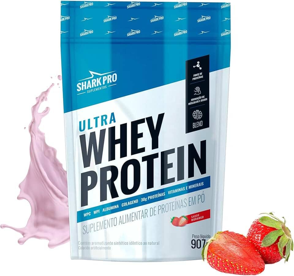 Shark Pro Ultra Whey Protein Sabor Morango - 30g de Proteínas - Suplemento Alimentar de Proteínas em Pó - WPC e WPI - Fórmula com Colágeno e Albumina - 907g Pouch