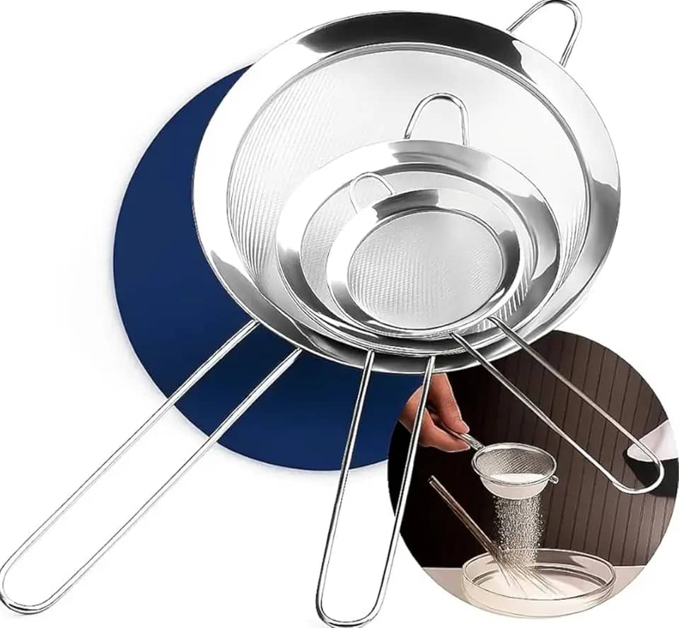 Conjunto 3 Peneiras de Cozinha em Aço Inox 304 – Malha Fina Antioxidante com Suporte para Panelas e Próprias para Lava-Louças