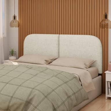 Cabeceira Estofada Orgânica para Cama Casal, 140 cm, Tecido Bouclé Bege, Montagem na Parede