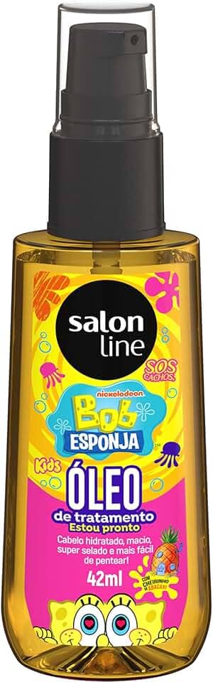 Salon Line Bob Esponja SOS Cachos, Óleo de Tratamento Capilar Infantil, 42ml, Perfume de Abacaxi, Hidratante e Condicionante