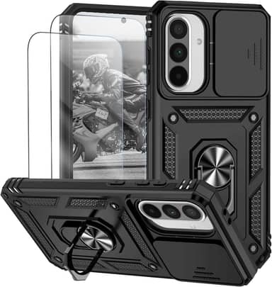 Capa para Samsung Galaxy A56 e A36 Capinha | com 2 peças de protetor de tela temperado com janela deslizante da câmera e suporte para telefone incluídos - Preto