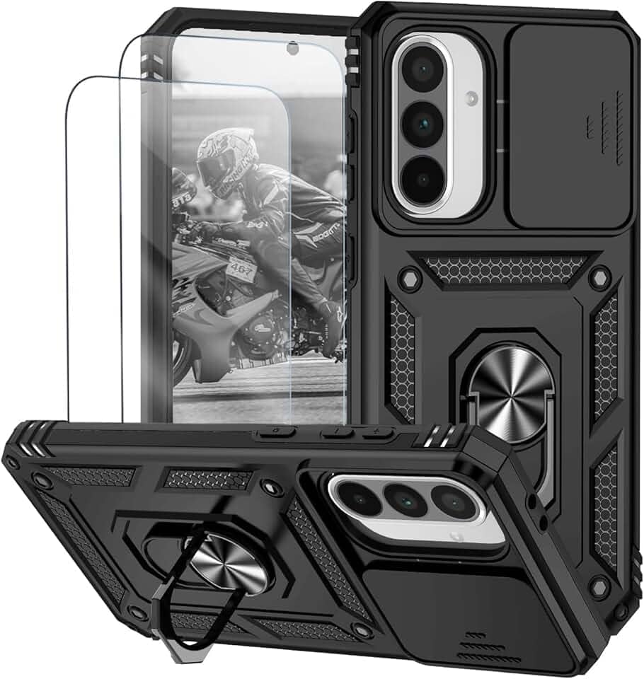 Capa para Samsung Galaxy A56 e A36 Capinha | com 2 peças de protetor de tela temperado com janela deslizante da câmera e suporte para telefone incluídos - Preto