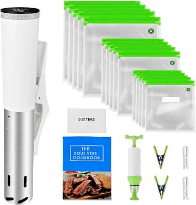 SUSTEAS Sous Vide, Panela Sous Vide de 1200 W com 15 sacos de vácuo, receita de bomba, máquina de sous vide silenciosa, temporizador digital, controle de temperatura, circulador de imersão para
