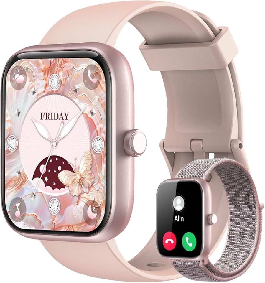 Smartwatch Feminino, Tela HD de 1,83" Relógio Fitness com Alexa, 120 Esportes, Frequência Cardíaca e Monitoramento do Sono, IP68 à rova d'água, Compatível com Android iOS, 2 Pulseiras (Rosa)