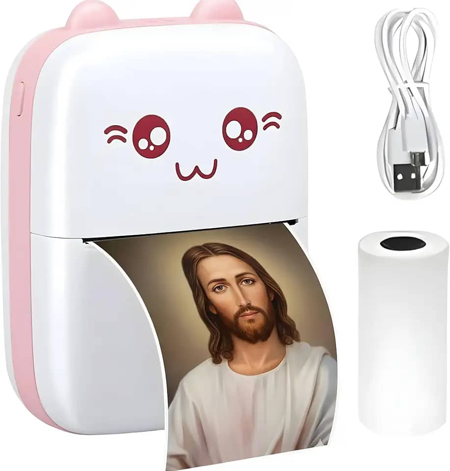 Mini Impressora Térmica Portátil BT 200dpi - Impressão de Fotos, Etiquetas, Notas, desenhos para colorir + 1 Rolo Adesivo e 4 Rolos Papel Térmico comum 57x30mm (Rosa)