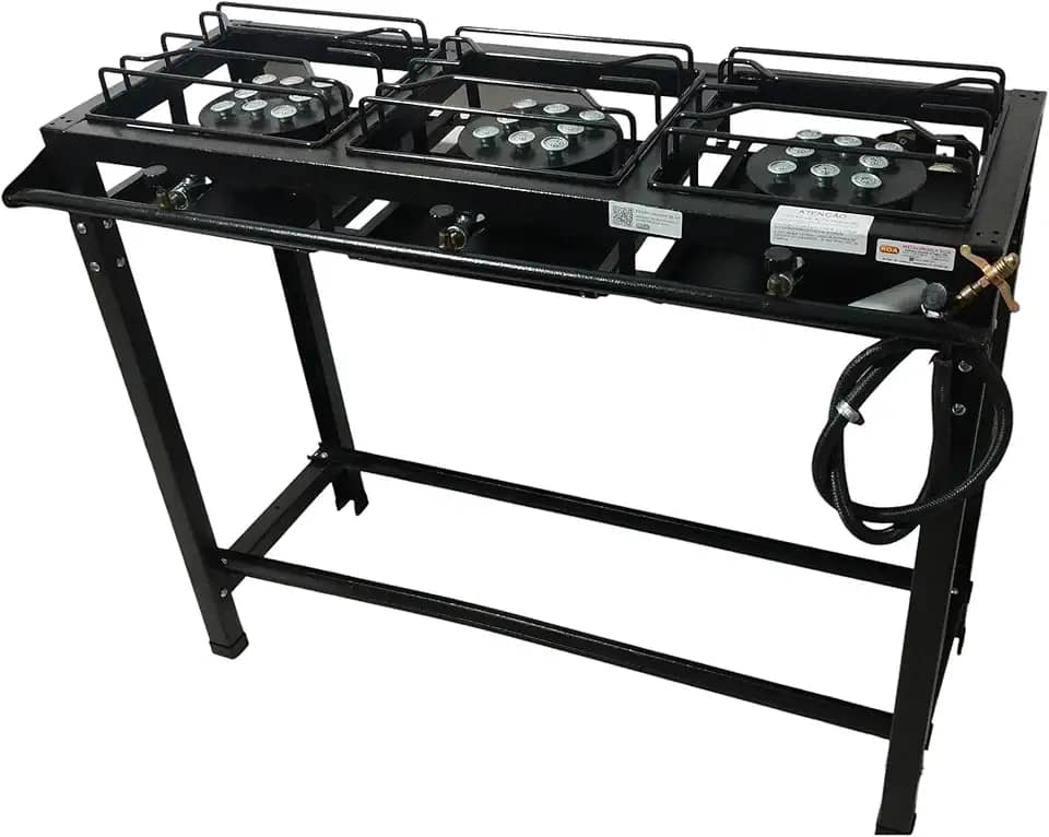 Fogão Industrial 3 Bocas Alta Pressão, 95 x 35 cm, Preto com Mangueira e Registro