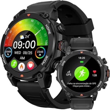 Smartwatch Relogio Inteligente Masculino Relógio Inteligente, GPS 150+ Monitoramento Esportivo, Altímetro Barômetro Bússola, Chamadas Bluetooth, 5ATM a Prova d'Agua, Tela AMOLED 3,6 cm