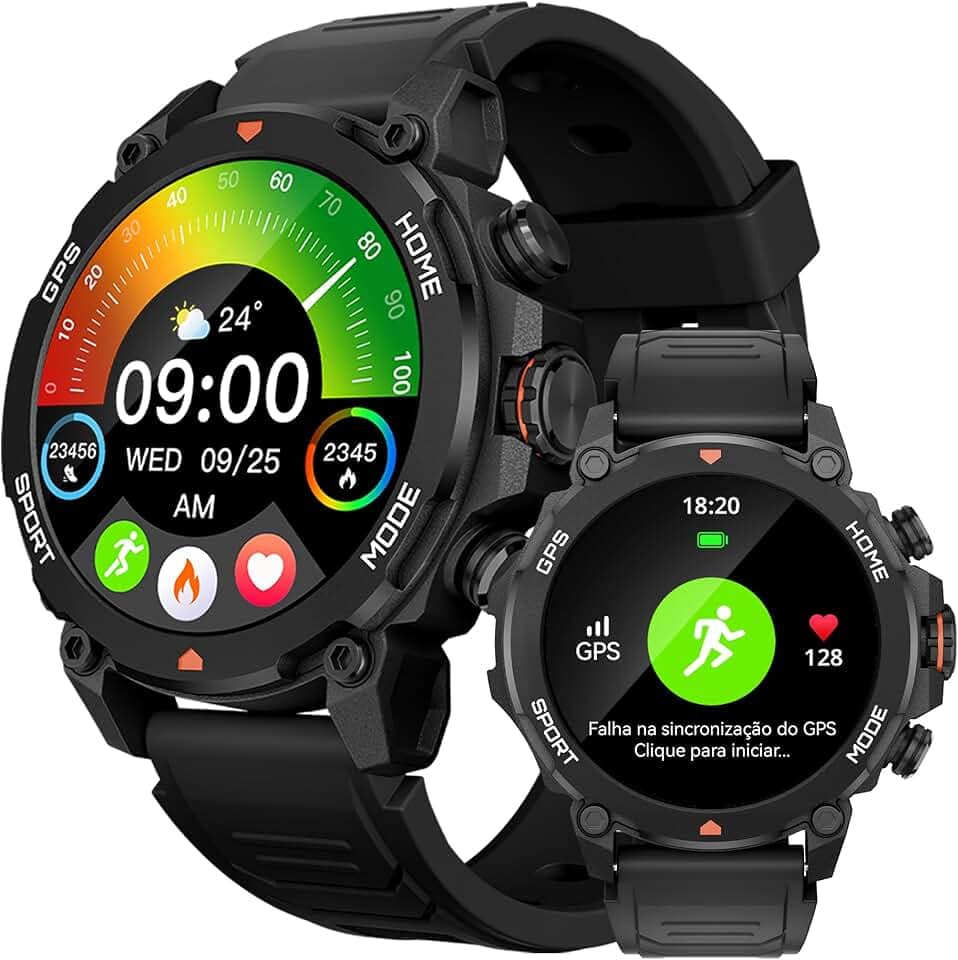 Smartwatch Relogio Inteligente Masculino Relógio Inteligente, GPS 150+ Monitoramento Esportivo, Altímetro Barômetro Bússola, Chamadas Bluetooth, 5ATM a Prova d'Agua, Tela AMOLED 3,6 cm