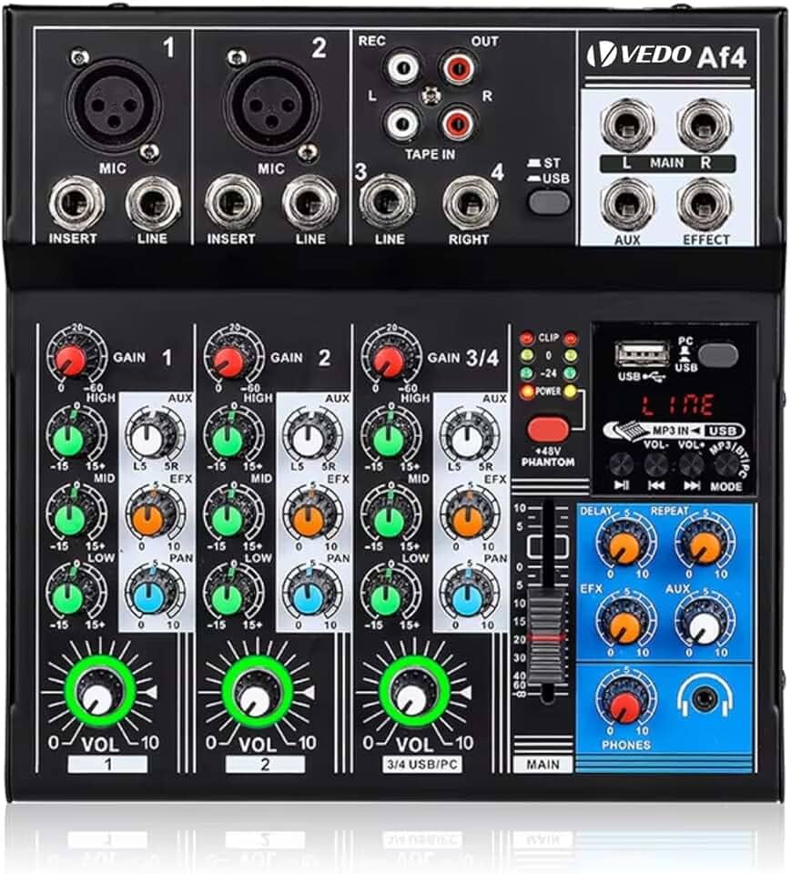 AF4 Mixer Profissional 4 Canais com Bluetooth, Phantom Power 48V e Entradas XLR/TRS - USB Type-C, Controle de EQ 3 Bandas e Saída AUX para DJ, Home Studio e Transmissões Ao Vivo