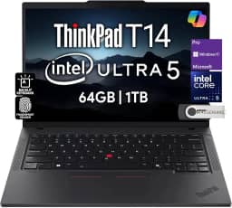 Lenovo ThinkPad T14 Gen 5 Business Laptop 35.6 cm FHD + IPS, Intel Ultra 5 125U, 64GB DDR5 RAM, 1TB SSD, 5MP HD Webcam, impressão digital, retroiluminado, Wi-Fi 6E, 2 Thunderbolt 4, AI PC, W11P, 3