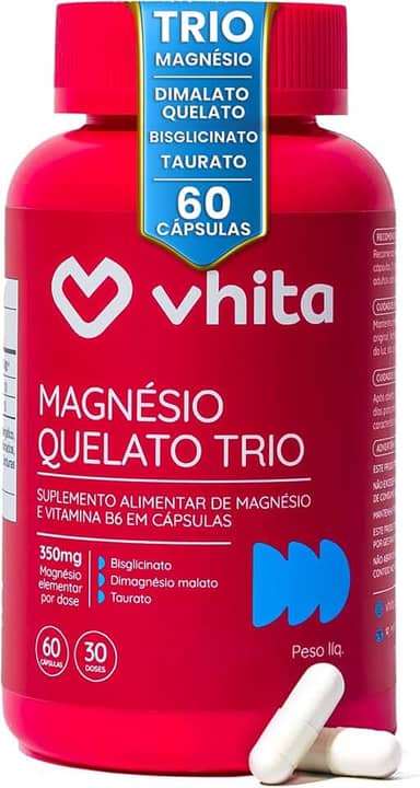 Vhita Magnesio Quelato Trio, Dimalato, Bisglicinato e Taurato, com Vitamina B6, 60 Cápsulas