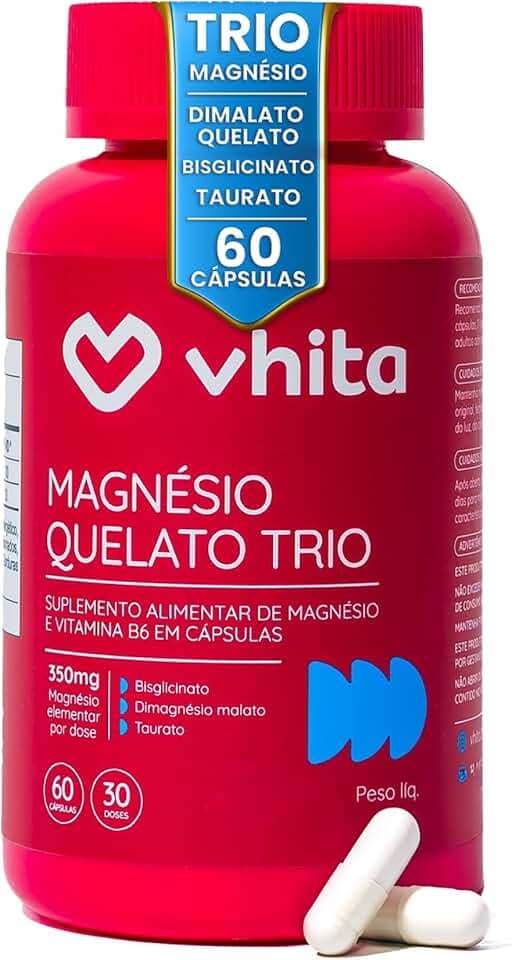 Vhita Magnesio Quelato Trio, Dimalato, Bisglicinato e Taurato, com Vitamina B6, 60 Cápsulas