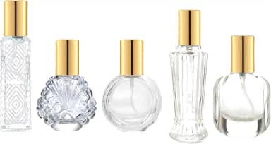 5 peças de atomizador de perfume de vidro dourado de 10 ml, 15 ml, pequeno, vazio, recarregável, para homens e mulheres, frasco de perfume portátil com névoa fina para viagens