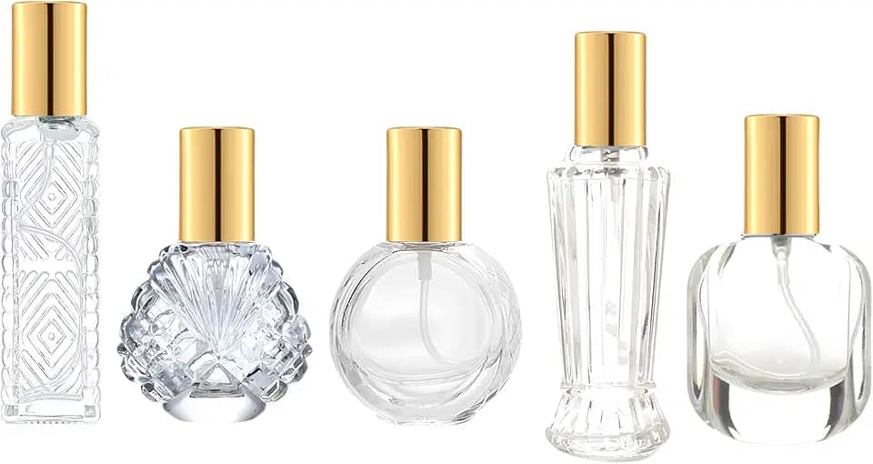 5 peças de atomizador de perfume de vidro dourado de 10 ml, 15 ml, pequeno, vazio, recarregável, para homens e mulheres, frasco de perfume portátil com névoa fina para viagens