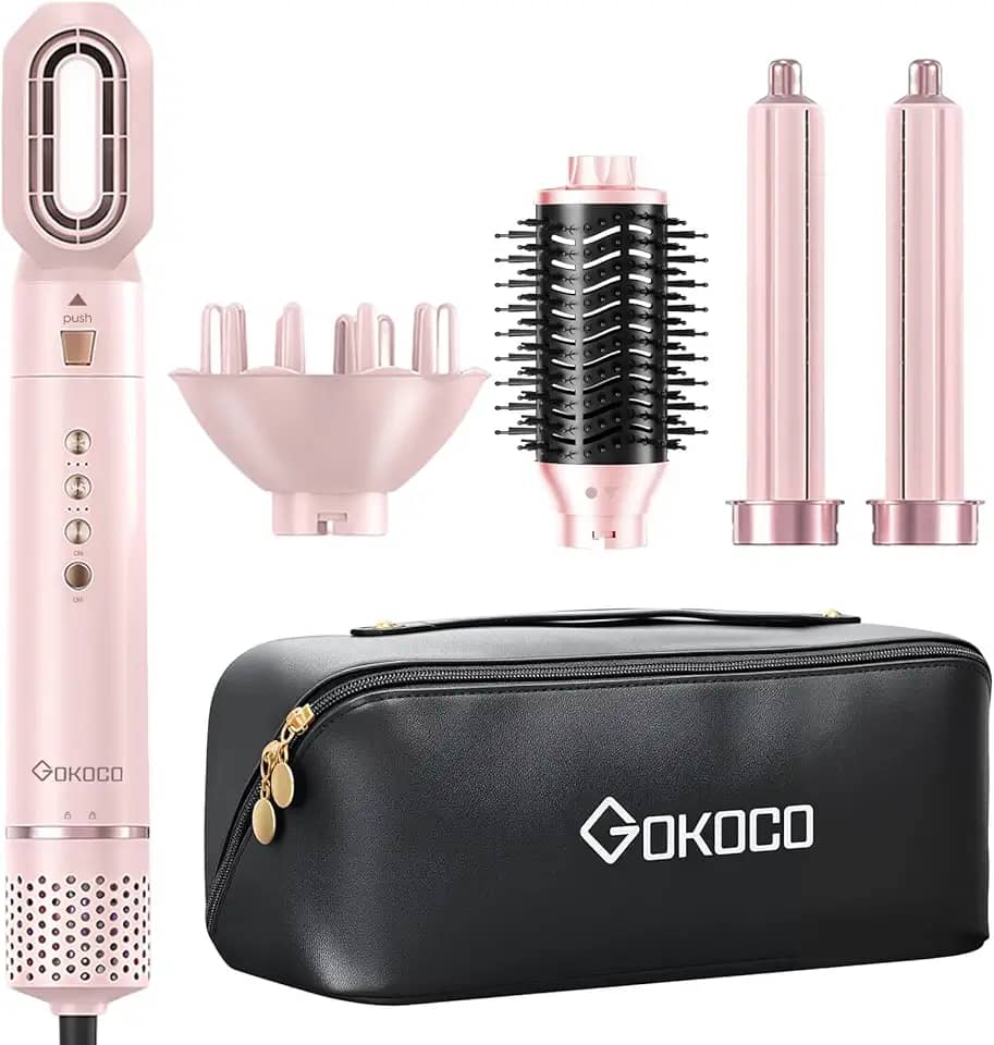 GOKOCO Escova Secador de Cabelo Profissional 5 em 1 - Kit Modelador com Bocal, Difusor, Escova Secadora, 2 Modelador de Cachos, íons Negativos Alta Velocidade Para Secar, Alisar e Enrolar, GD031 220v Rosa