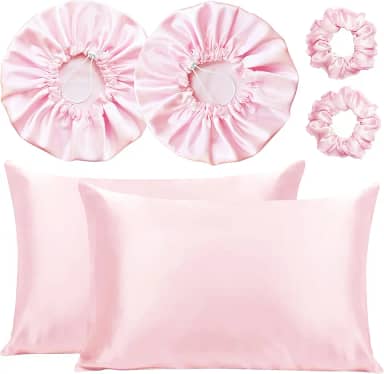 Kit 2 Fronha De Cetim Seda + 2 Toucas + 2 Xuxinhas (Rosa-claro)