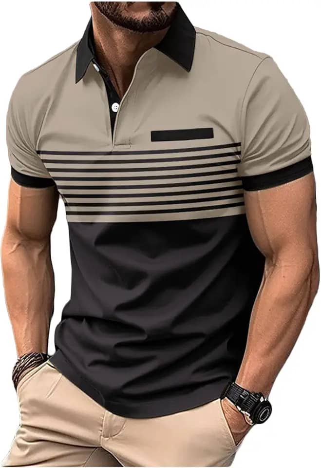 Camisa polo masculina com zíper e manga curta listrada