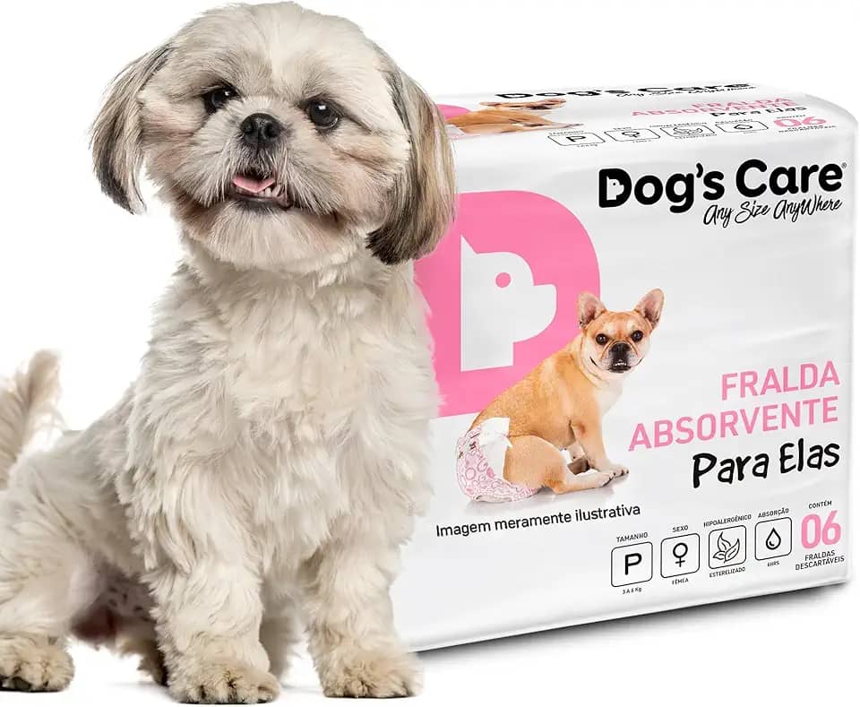 DOG’S CARE Fralda Descartável Para Cães Fêmeas de 3 a 6kg - Fralda Absorvente Para Cachorros Idosos e Filhotes - Tamanho P - 6 Unidades