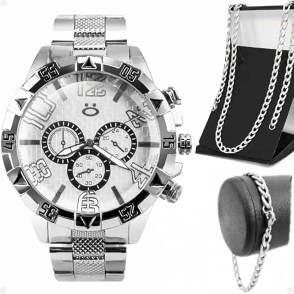 Relógio Masculino Prova D' Água Prata Grande + Cordão e Pulseira Aço Inox + Caixa Original Presente