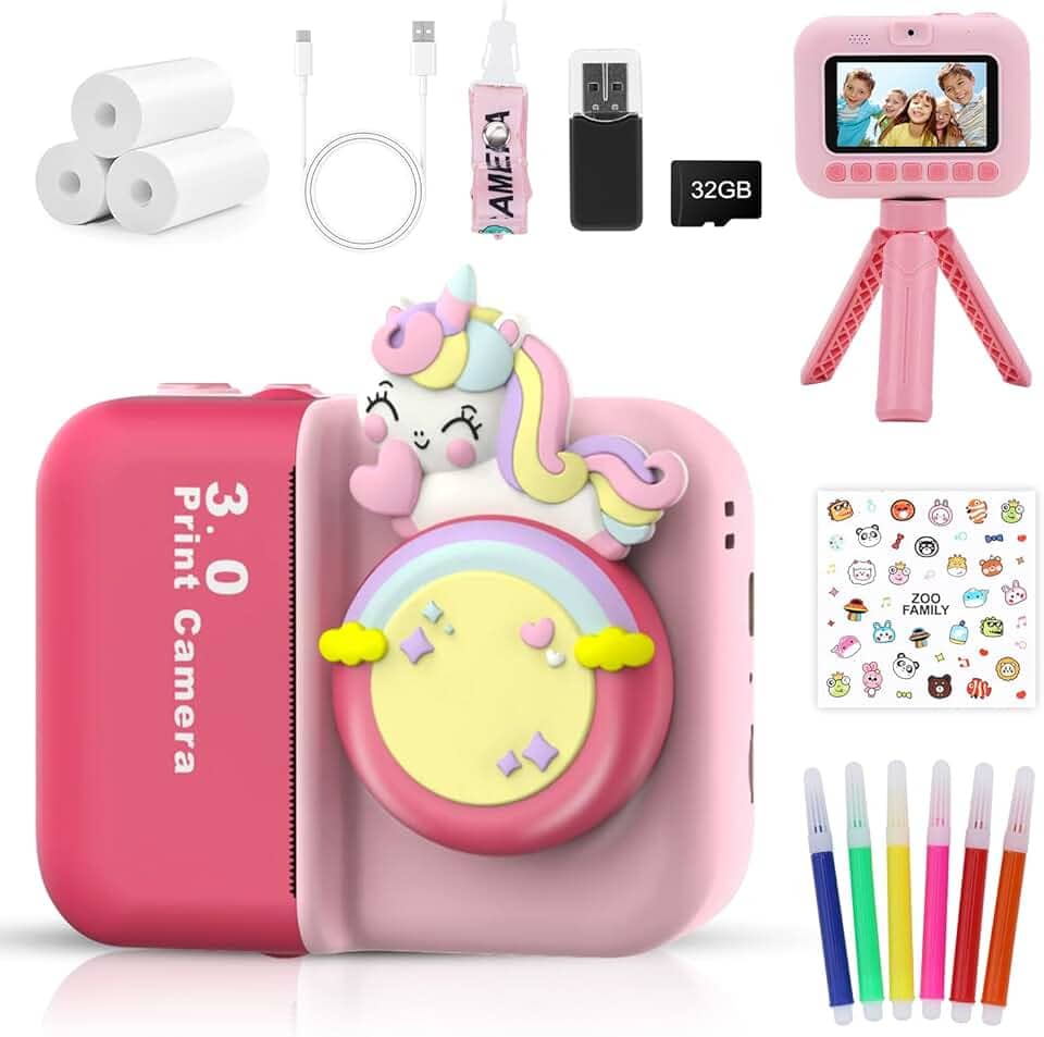 Câmera Infantil, Impressora Instantânea de Sem Tinta, Com Suporte Triângulo, Selfie, com Flash 32GB Cartão, Vídeo HD, Brinquedos Meninas Meninos com Crianças de 3 a 14 Anos (Roxa)