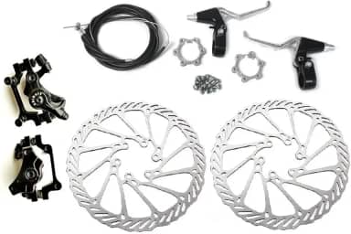 Kit de freio de disco frontal e traseiro BlueSunshine – pinças de liga de alumínio, 2 peças de aço inoxidável G3 160 mm rotores e cabo e alavanca de freio e 12 parafusos, cubos roscados de roda livre distância de 48 mm