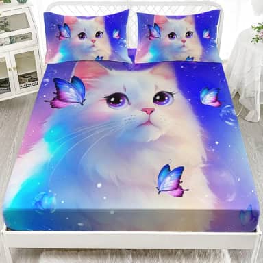 AILONEN Lençol de cama de gato peludo tamanho twin XL, lençóis de gato e borboletas para crianças meninas tema de animais conjunto de cama roxo sonhador conjunto de 3 peças, 1 lençol com elástico e 2 fronhas
