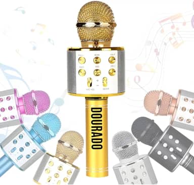 Microfone Infantil Karaoke Sem Fio Recarregável USB para Crianças Menina Menino Festas e Eventos Portátil (DOURADO)