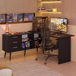 Escrivaninha Em L Mesa Para Computador Gamer 3 Gavetas Preto Lisboa Madesa