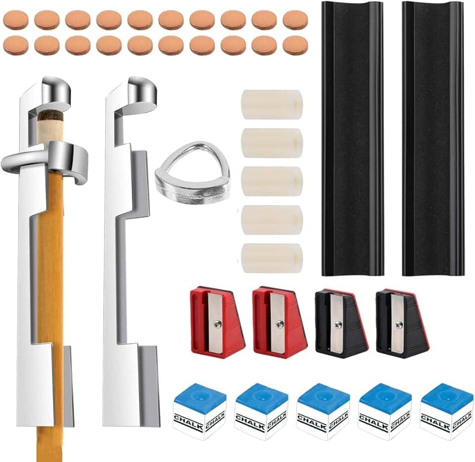 Kit de reparo de taco de sinuca de 38 peças acessórios de reposição para tacos de bilhar acessórios de substituição 20 pontas de tacos 5 cubos de giz, 4 apontadores, 2 grampos de ponta de taco de