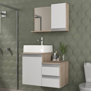 Gabinete Banheiro com Cuba e Espelho Cross 60cm (Madeirado/Branco)