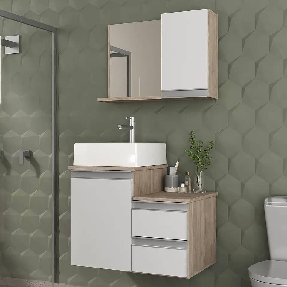 Gabinete Banheiro com Cuba e Espelho Cross 60cm (Madeirado/Branco)