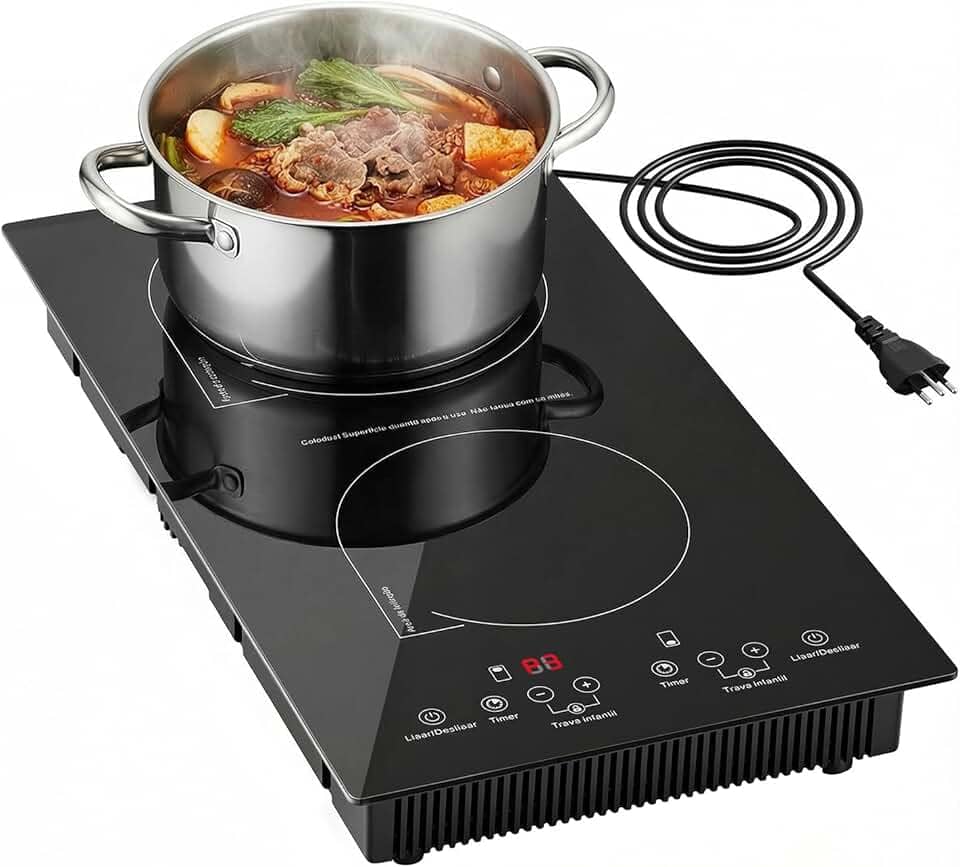 Cooktop de indução 2 Bocas portátil, 220V, 4000 W, Temporizador, trava para crianças,controlo tátil,Segurança Avançada,interruptor independente,Embutida ou de bancada,Vidro Temperado