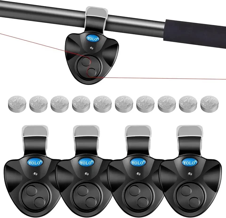 Alarme de mordida de pesca com 4 peças com 10 baterias sobressalentes, alarmes eletrônicos de pesca, alarmes de mordida para varas de pesca com alarme sonoro sino, luz LED, indicador de alarme de
