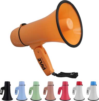 Pyle Megafone Bullhorn de 20 W - portátil, sirene automática e volume ajustável, alcance de projeção de até 400 jardas quadradas, entrada auxiliar, talk, sirene, música, apito e gravação, alça de