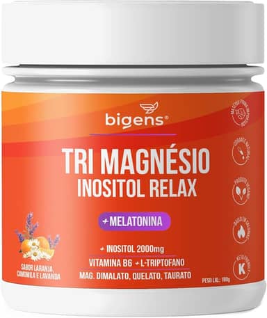 Tri Magnésio (dimalato, quelato, taurato) Inositol Relax, Melatonina, Triptofano, B6, Sabor Laranja Camomila e Lavanda, Bigens,180g (Unidade)