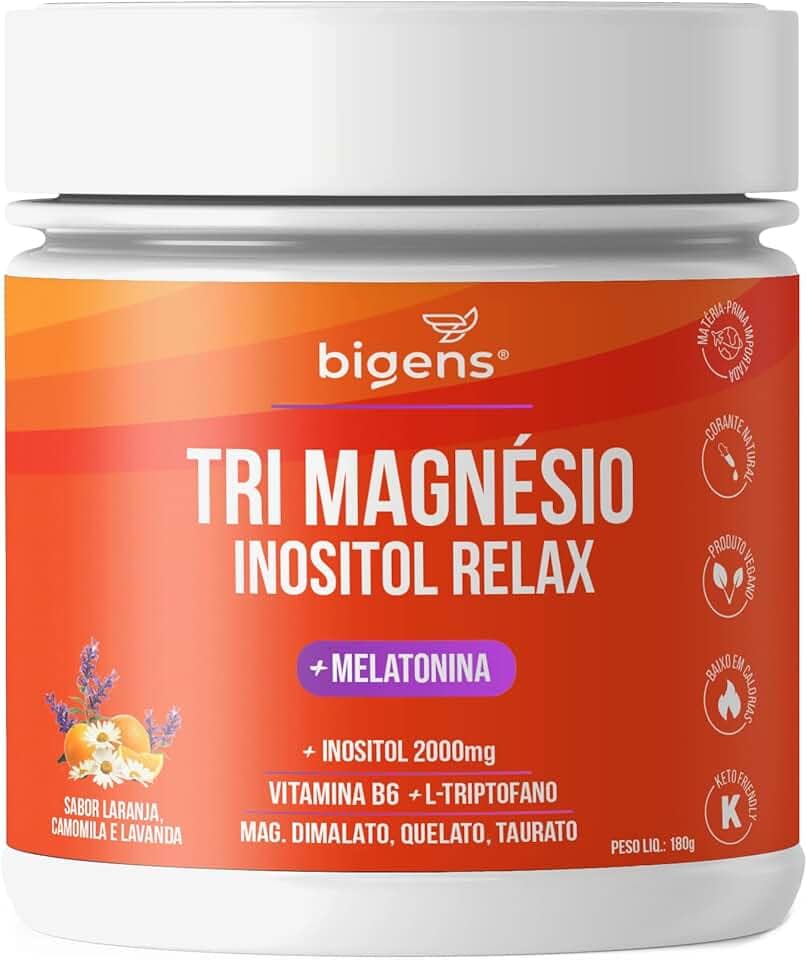 Tri Magnésio (dimalato, quelato, taurato) Inositol Relax, Melatonina, Triptofano, B6, Sabor Laranja Camomila e Lavanda, Bigens,180g (Unidade)