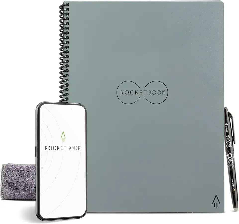 Rocketbook Caderno reutilizável inteligente com 1 caneta Pilot Frixion e 1 pano de microfibra, tamanho executivo 15,2 x 22,3 cm, Deep Space Grey