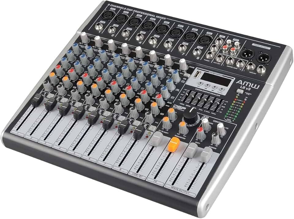 AMW L8 V3 Mesa de Som Analógica 8 Canais Avançada com Efx DSP Player Gravador Hi-Z e Low Cut