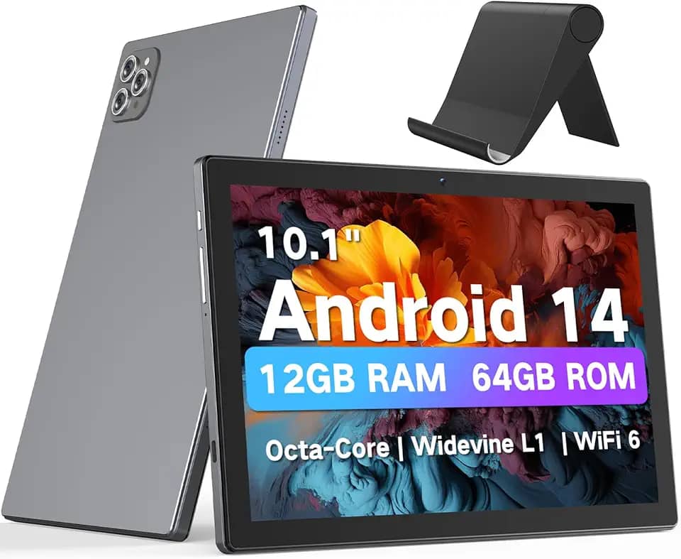 Tablet Android de 10,1 polegadas, tablets Android 14 2025 com CPU Octa-Core, 12 GB de RAM + ROM de 64 GB (expansão de 2 TB), tablet Wi-Fi 6 BT 5.0, bateria de longa duração, tablets com tela