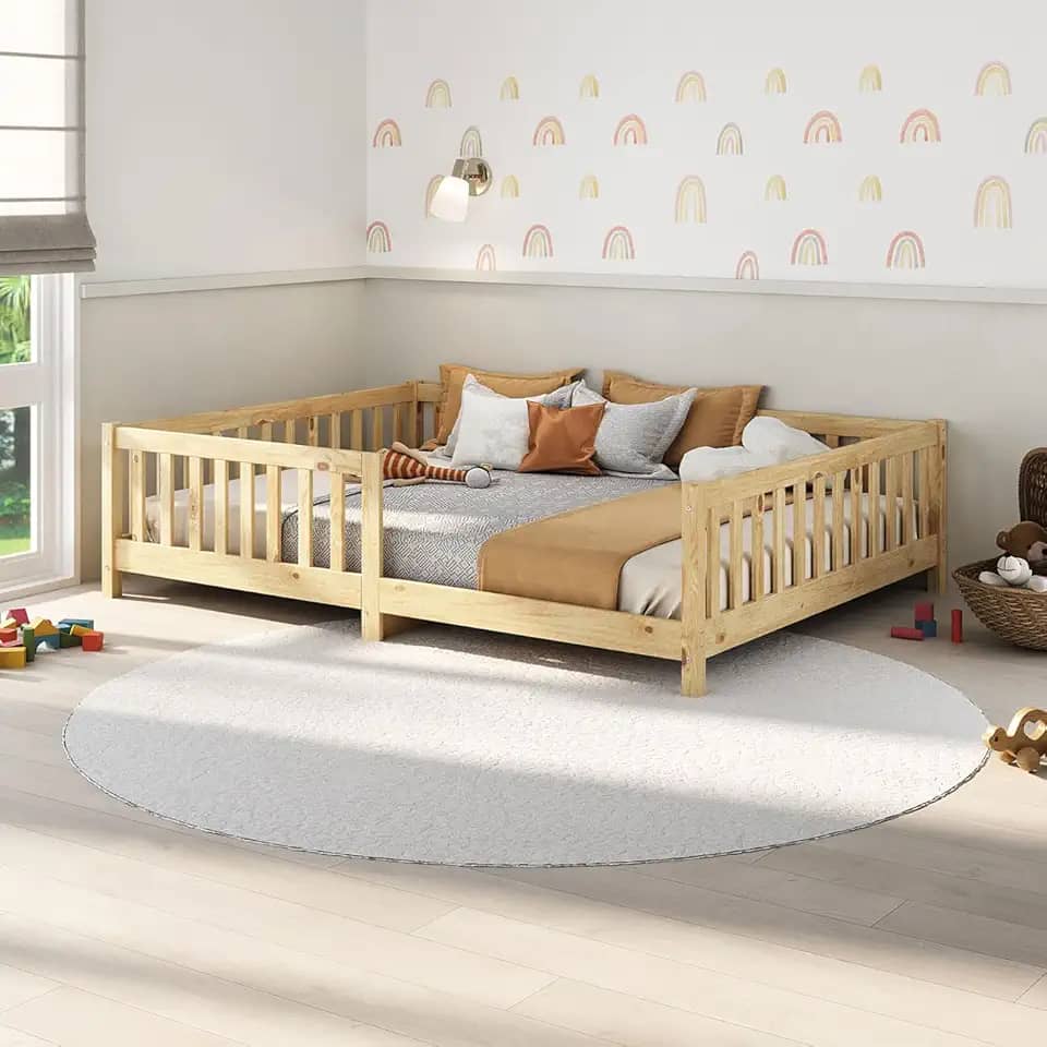IDIMEX Cama Montessori Casal Infantil Grade Madeira Chão Natural Eva
