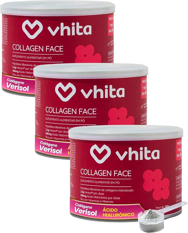 Vhita Colágeno Hidrolisado Verisol Com Ácido Hialuronico Em Pó Frutas Vermelhas 120gr - 3 Potes