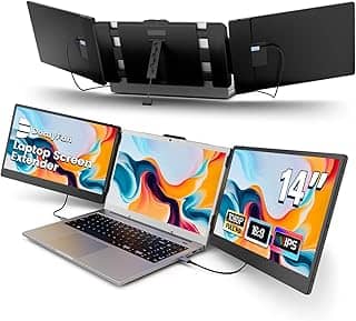domyfan Extensor de tela de laptop de 14 polegadas, monitor portátil triplo FHD 1080p IPS para laptop, HDMI/USB-A/Tipo-C para Windows, Mac, Android, Chrome, Switch e PS5, funciona com laptops de 13,3