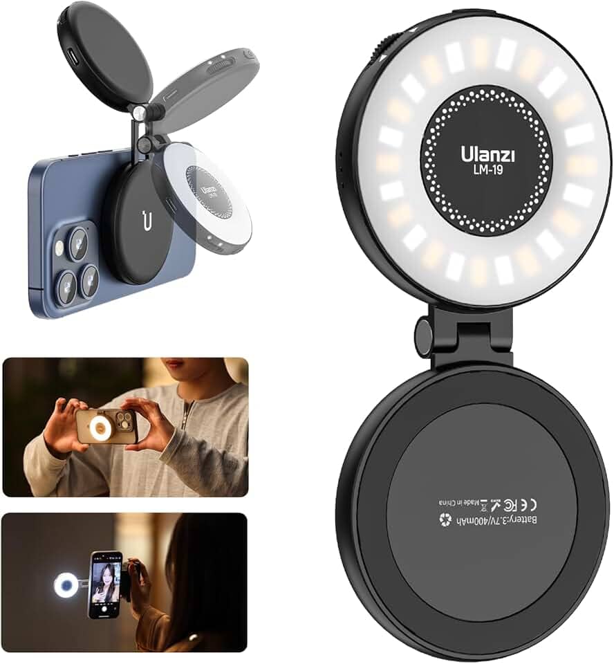 ULANZI Luz magnética para selfie, luz de preenchimento de LED compatível com Magsafe, anel de selfie de LED incluído anel adesivo para telefones, para selfies/fotografia/TikTok/chamadas de