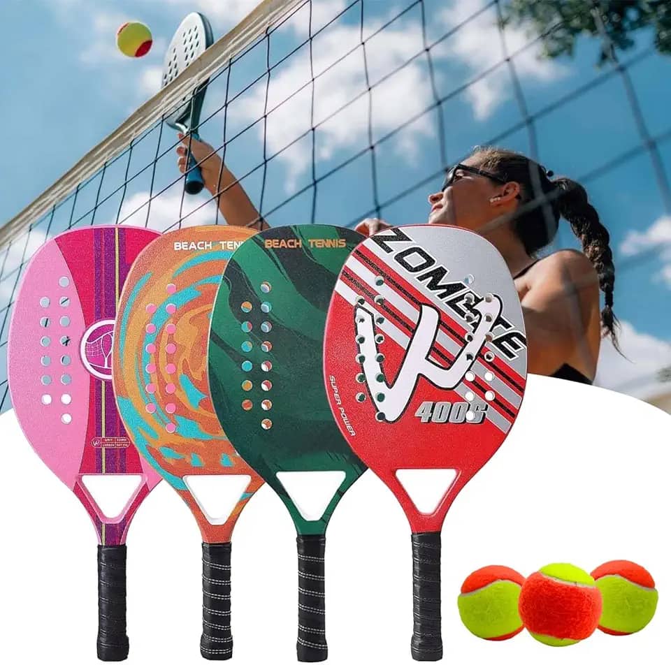1 Raquete Para Beach Tennis Profissional Em Fibra Carbono Cor Sortida Com Capa Protetora + 3 Bolas de Beach Tennis