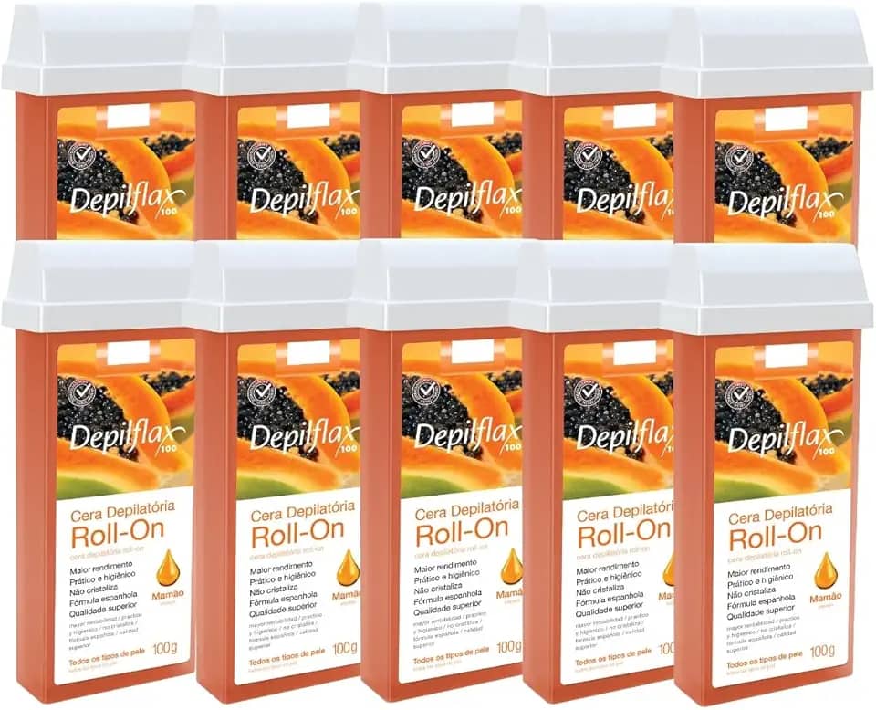 Kit 10 Refil Cera Depilatoria Corporal Profissional Depilação Roll On Depilflax Mamao 100g