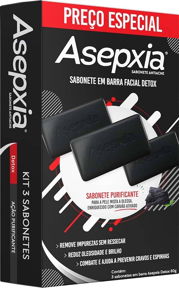 Kit Asepxia Sabonete Em Barra Facial Detox Com Carvão Ativado Antiacne Para Pele Oleosa, Limpeza Profunda E Controle Da Oleosidade, Purifica E Remove Cravos, 80g, 3-Pack