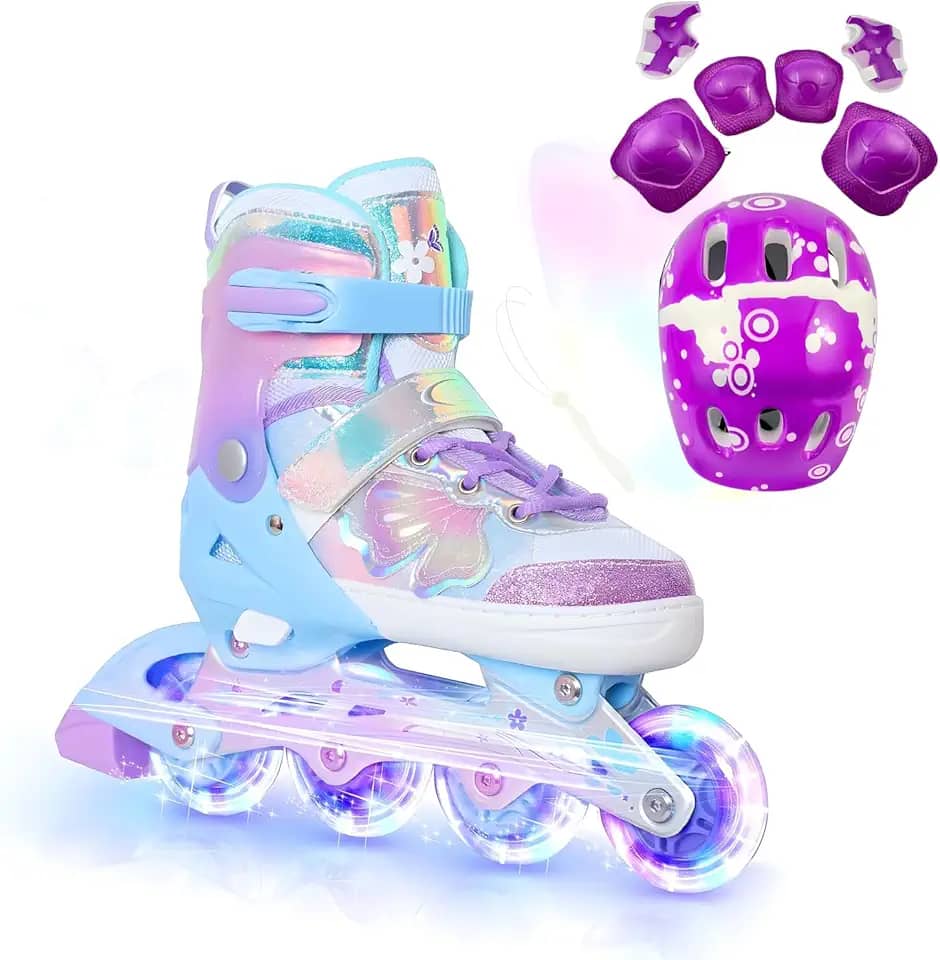 Patins Roller Inline 4 Rodas Skates Ajustavél com Roda Iluminada Jovens e Adultos, Para iniciantes, Uso Interno e Externo + Kit Completo com Capacete e Proteções