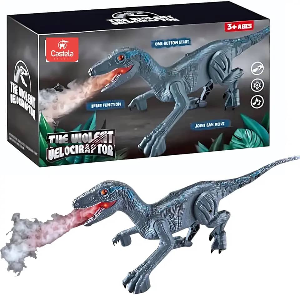 Brinquedo Dinossauro Velociraptor Divertido Anda Luz Som Fumaça Castela