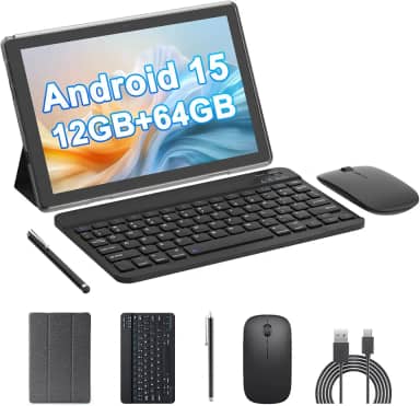 Tablet Android 15 de 10 polegadas, 12 (4 + 8 expansão) GB de RAM + 64 GB de ROM, câmera dupla de 2 + 8 MP, bateria de 6000 mAh (tablet + estojo + caneta stylus + beyboard + mouse) (preto)